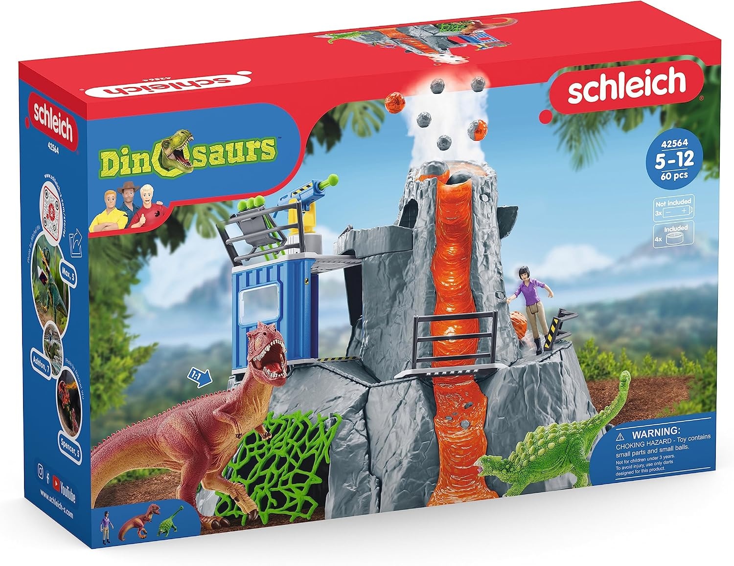 Schleich 42564 DINOSAURS Grote vulkaanexpeditie, dinosaurus-speelgoedset incl. vulkaan met LED-licht & uitbarstfunctie, onderzoeksfiguur & 2 dinosaurusfiguren, aanbevolen leeftijd: 5-12 jaar