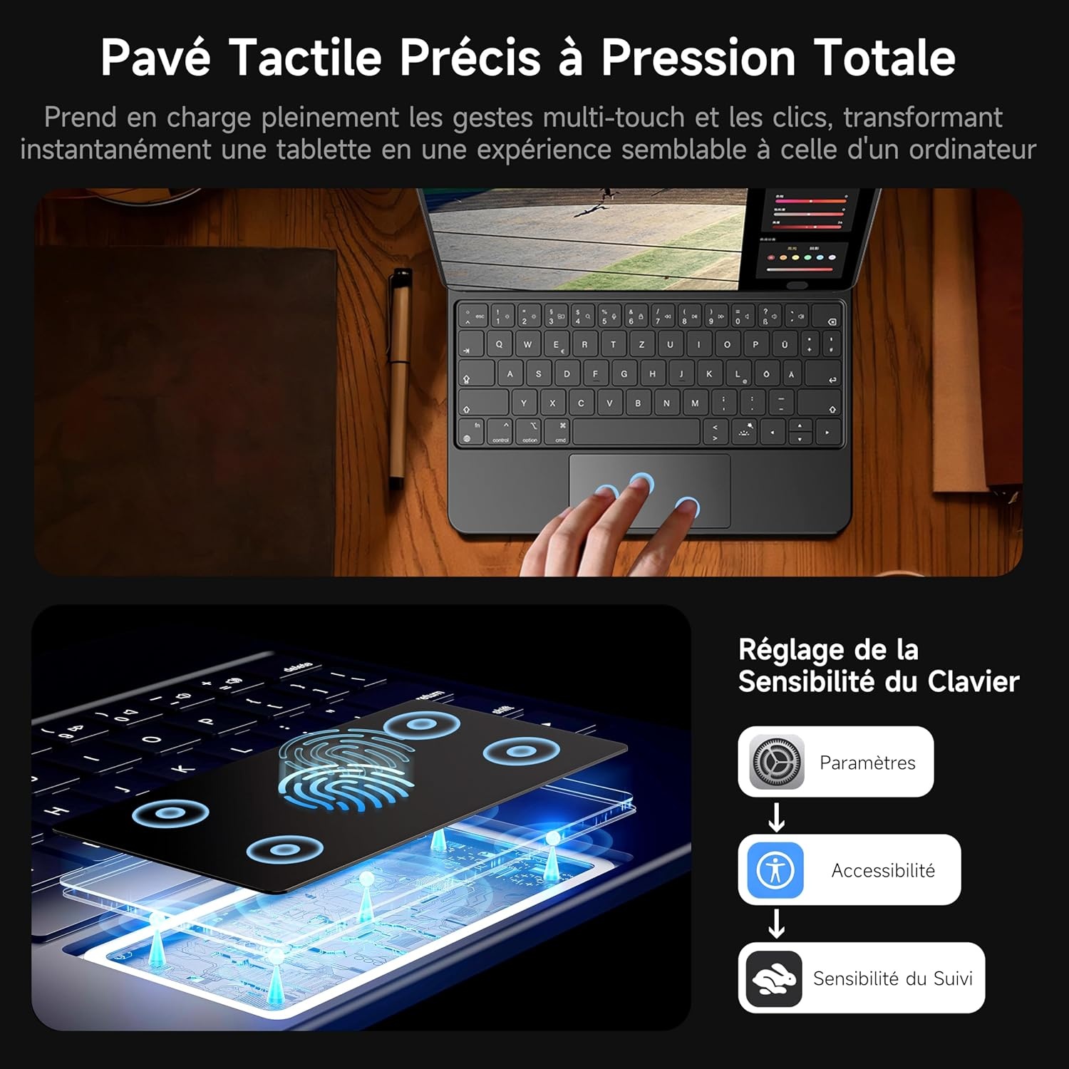 Toetsenbord voor iPad Pro 13 Inch (M4) Zwart AZERTY Click-anywhere Touchpad Achtergrondverlichting 7 Kleuren 3 Helderheidsniveaus