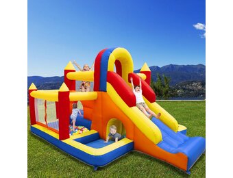 Ballsea Springkasteel met ventilator, XXL, kinderparadijs met glijbaan, veiligheidsnet, EN71-gecertificeerd, voor 3-8 jaar