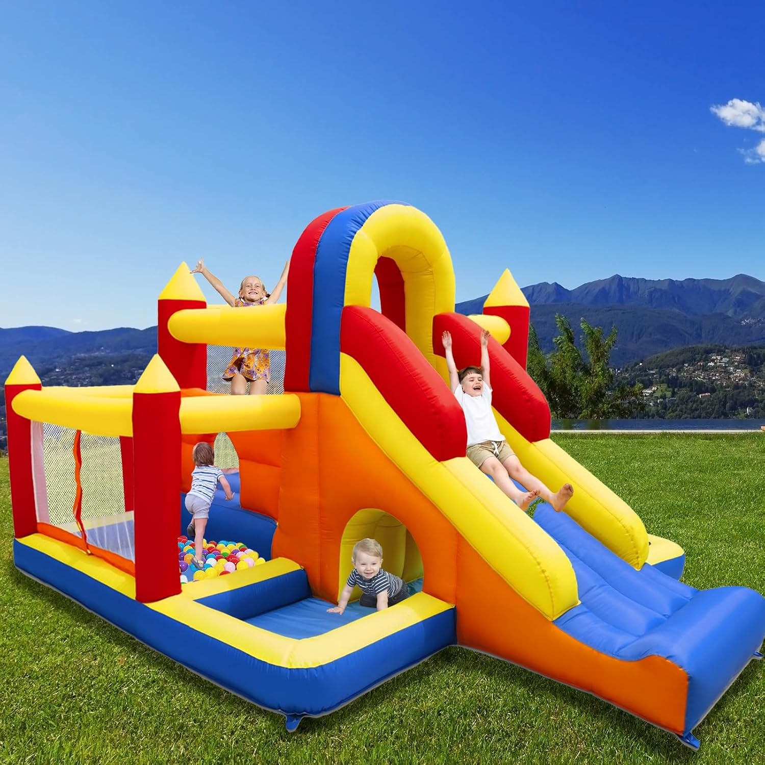 Ballsea Springkasteel met ventilator, XXL, kinderparadijs met glijbaan, veiligheidsnet, EN71-gecertificeerd, voor 3-8 jaar