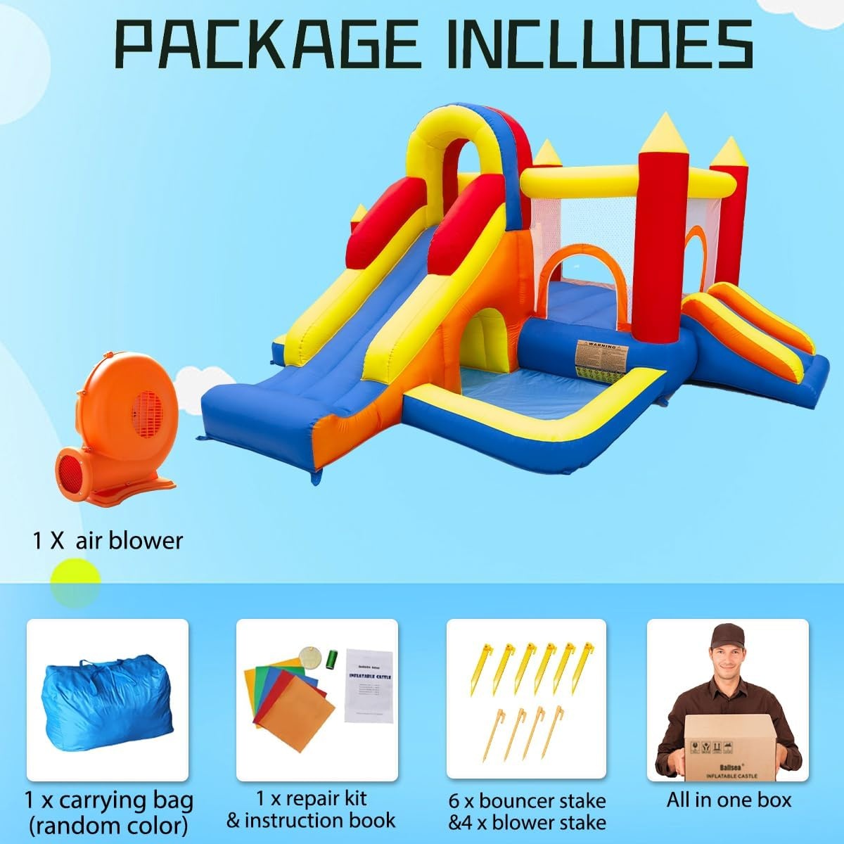 Ballsea Springkasteel met ventilator, XXL, kinderparadijs met glijbaan, veiligheidsnet, EN71-gecertificeerd, voor 3-8 jaar