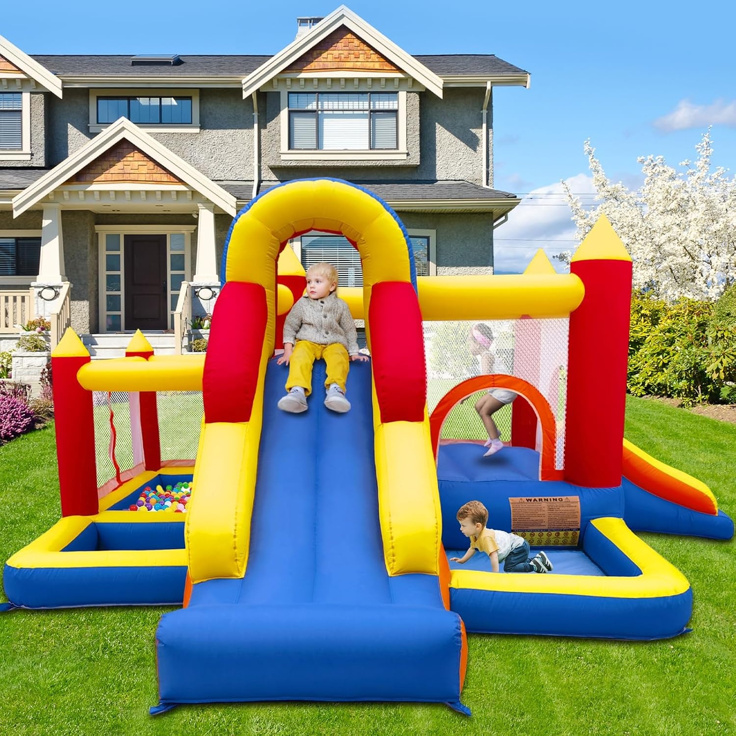Ballsea Springkasteel met ventilator, XXL, kinderparadijs met glijbaan, veiligheidsnet, EN71-gecertificeerd, voor 3-8 jaar