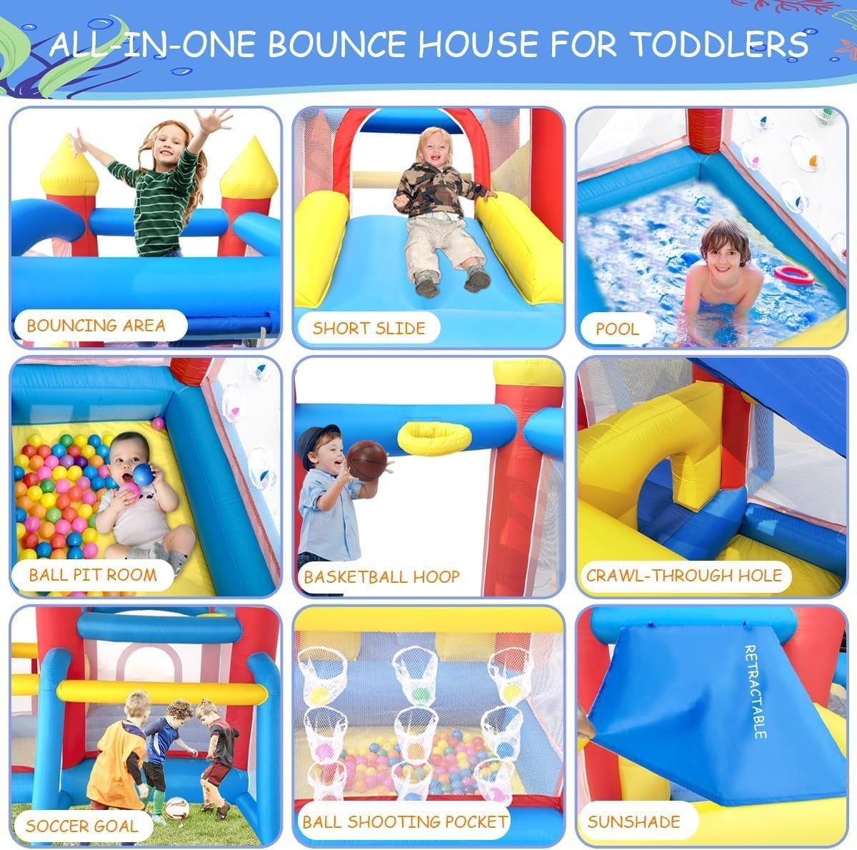 Ballsea Kinderspringkasteel met ventilator. Geschikt voor kinderen van 3 tot 8 jaar, springkasteel indoor kinderen 312×272×200cm