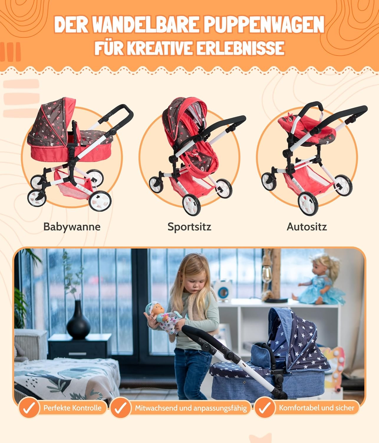 Bayer Chic 2000 3-in-1 Kombi-Poppenwagen Linus Butterfly Koralle 47-78 cm