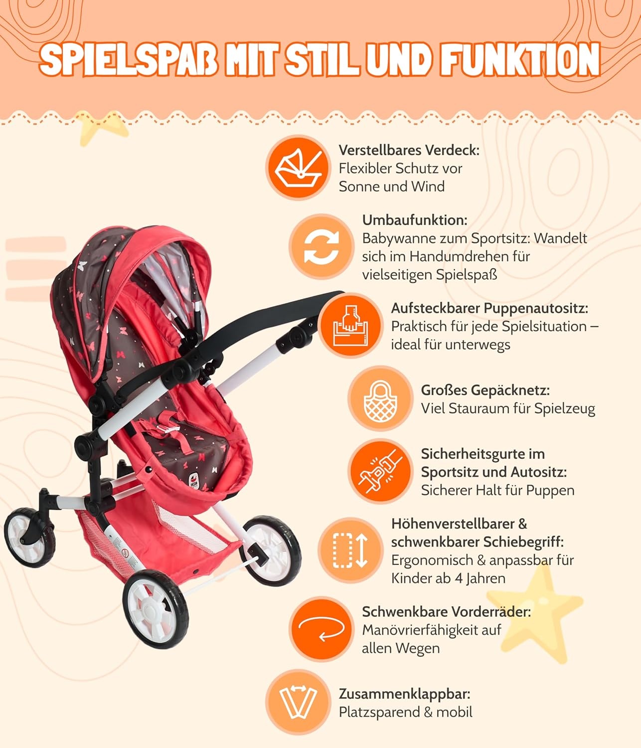 Bayer Chic 2000 3-in-1 Kombi-Poppenwagen Linus Butterfly Koralle 47-78 cm