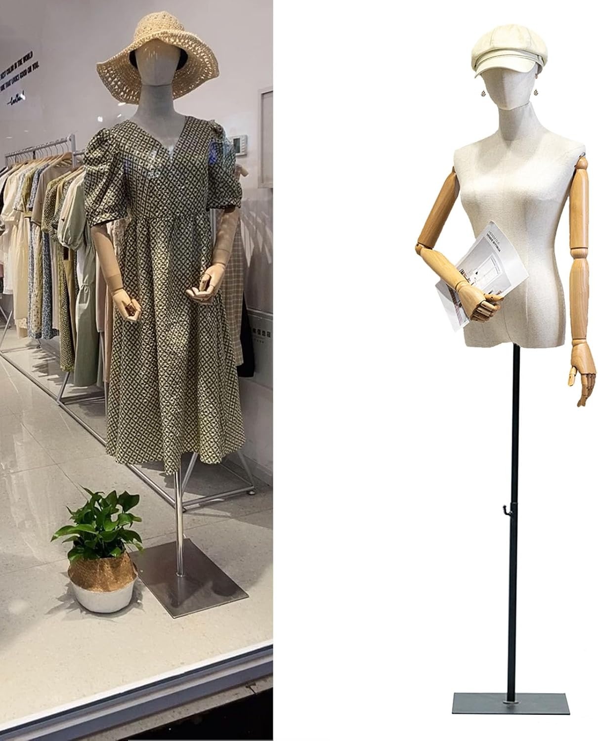 Dames Etalagepop met Afneembare Kop, Houten Armen & Verstelbare Hoogte 140-190 cm voor Kledingpresentatie Studio Winkel - Zwart