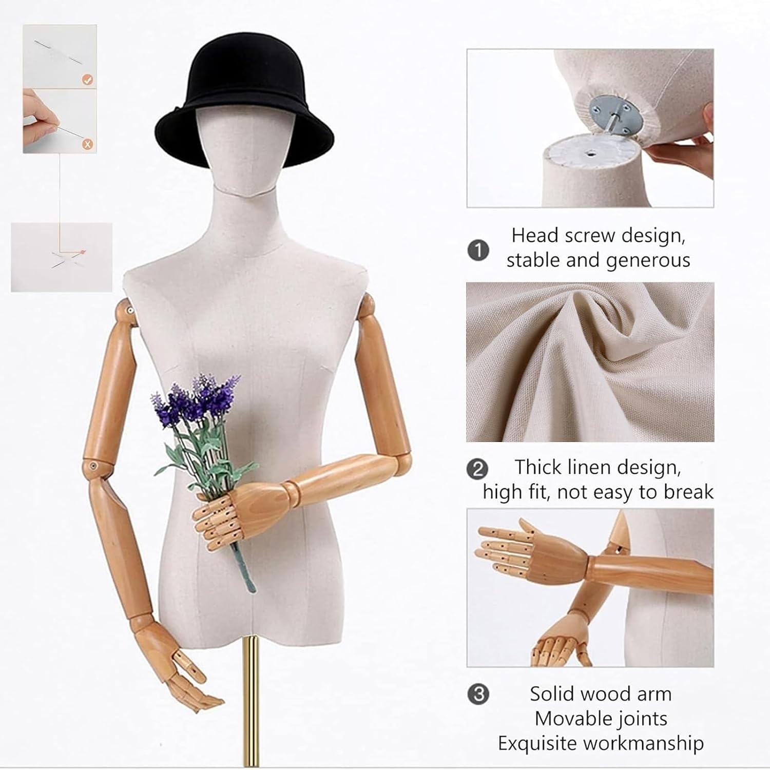 Dames Etalagepop met Afneembare Kop, Houten Armen & Verstelbare Hoogte 140-190 cm voor Kledingpresentatie Studio Winkel - Zwart