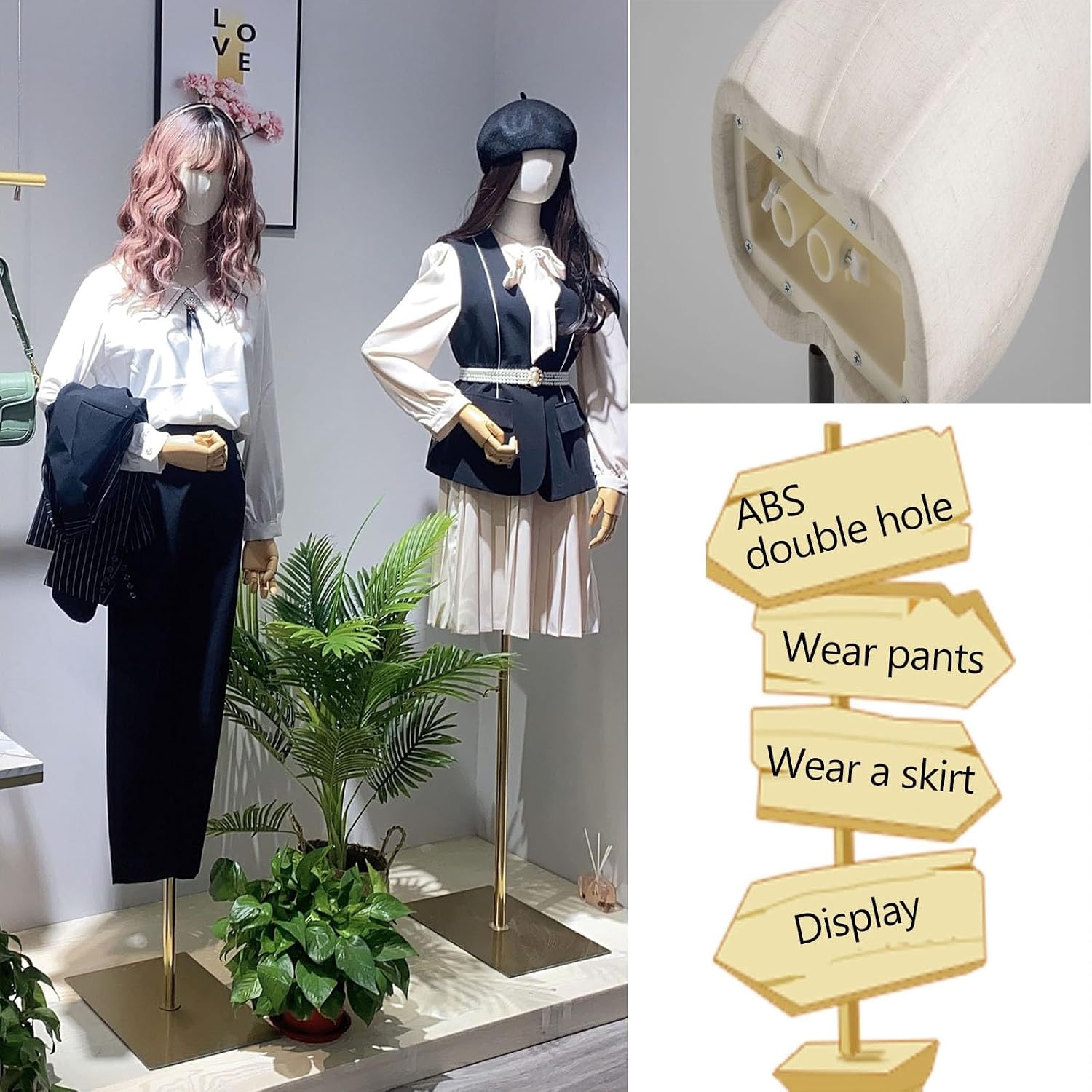 Dames Etalagepop met Afneembare Kop, Houten Armen & Verstelbare Hoogte 140-190 cm voor Kledingpresentatie Studio Winkel - Zwart