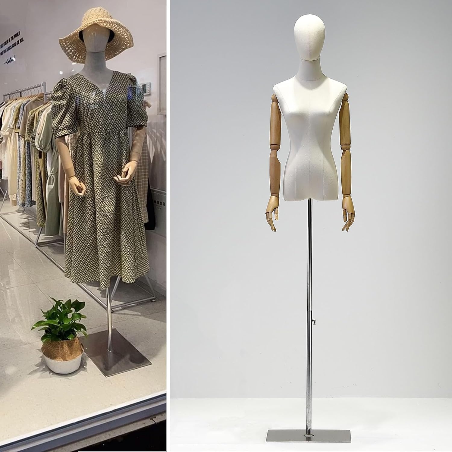 Dames Etalagepop met Afneembare Kop, Houten Armen & Verstelbare Hoogte 140-190 cm voor Kledingpresentatie Studio Winkel - Zwart