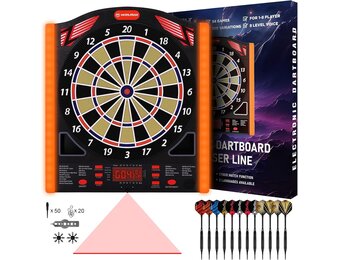 WIN.MAX Professioneel elektronisch dartdoel met laser Throw/Toe Line met Duitse stem, geschikt voor batterijen/adapter voor 1-8 spelers met 12 lichte pijlen