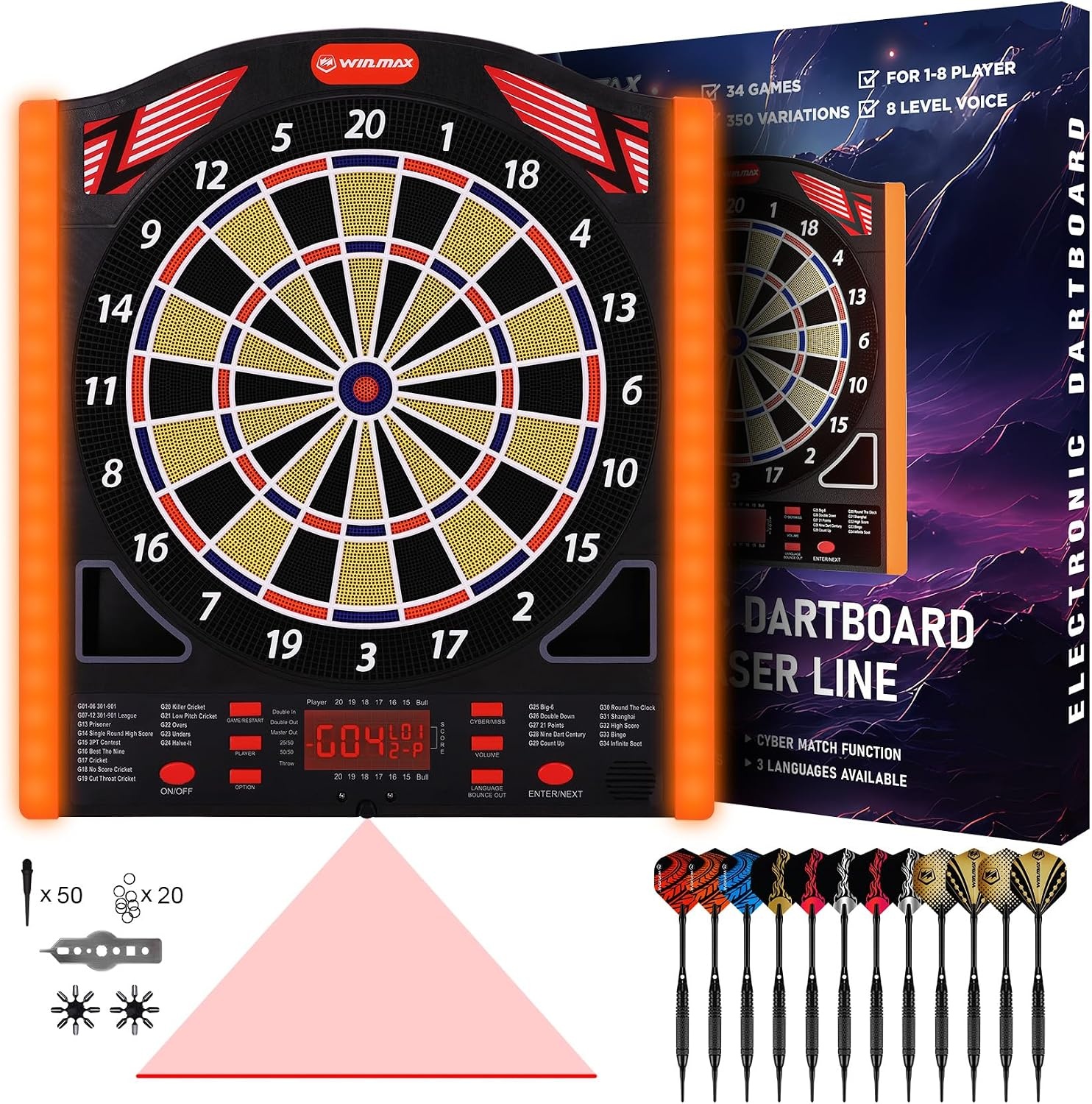 WIN.MAX Professioneel elektronisch dartdoel met laser Throw/Toe Line met Duitse stem, geschikt voor batterijen/adapter voor 1-8 spelers met 12 lichte pijlen