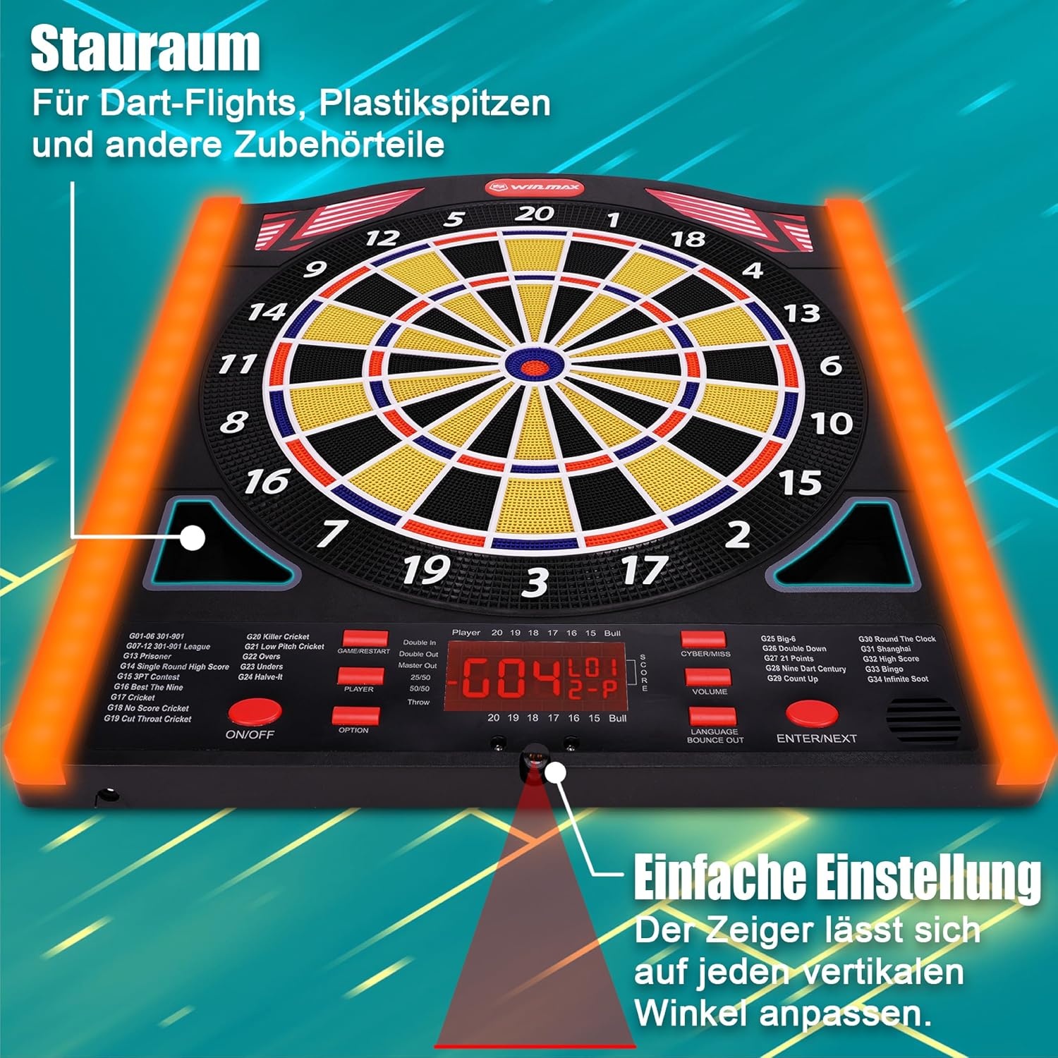 WIN.MAX Professioneel elektronisch dartdoel met laser Throw/Toe Line met Duitse stem, geschikt voor batterijen/adapter voor 1-8 spelers met 12 lichte pijlen