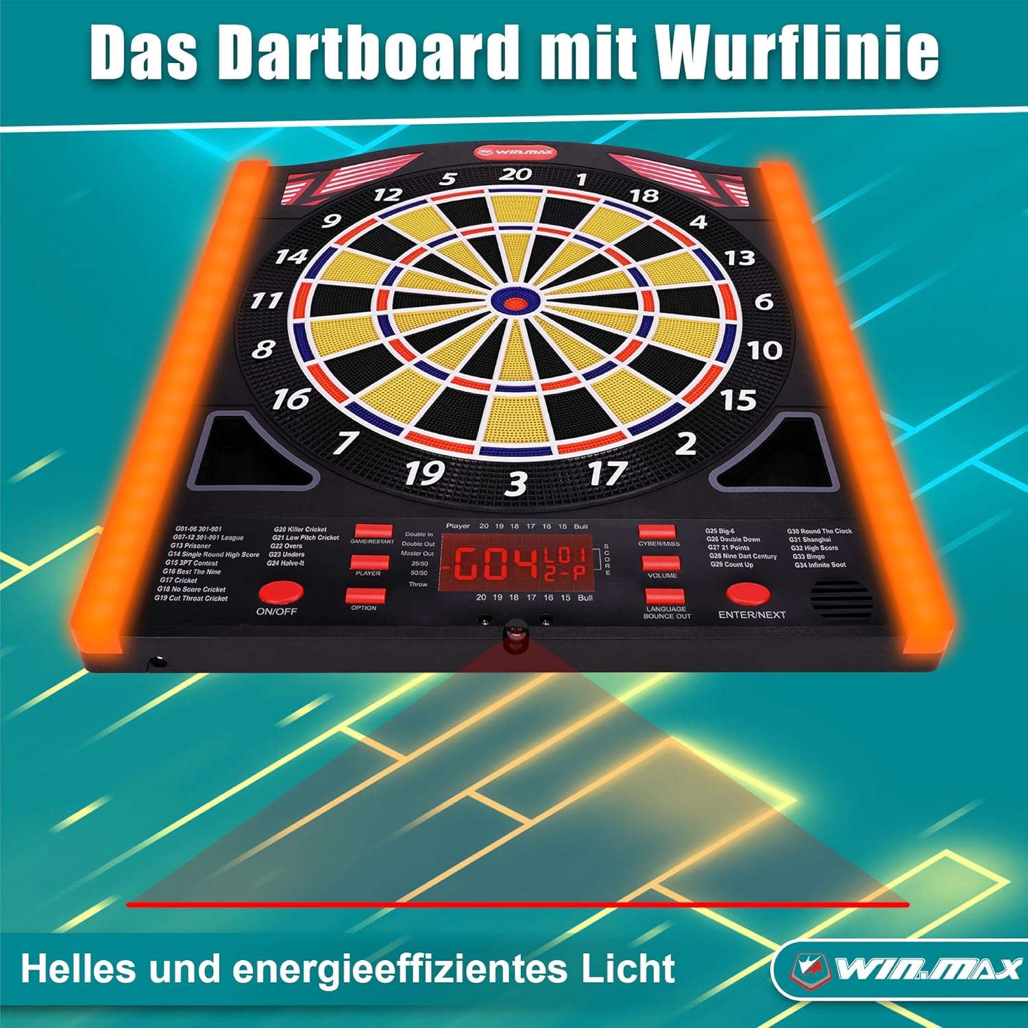 WIN.MAX Professioneel elektronisch dartdoel met laser Throw/Toe Line met Duitse stem, geschikt voor batterijen/adapter voor 1-8 spelers met 12 lichte pijlen