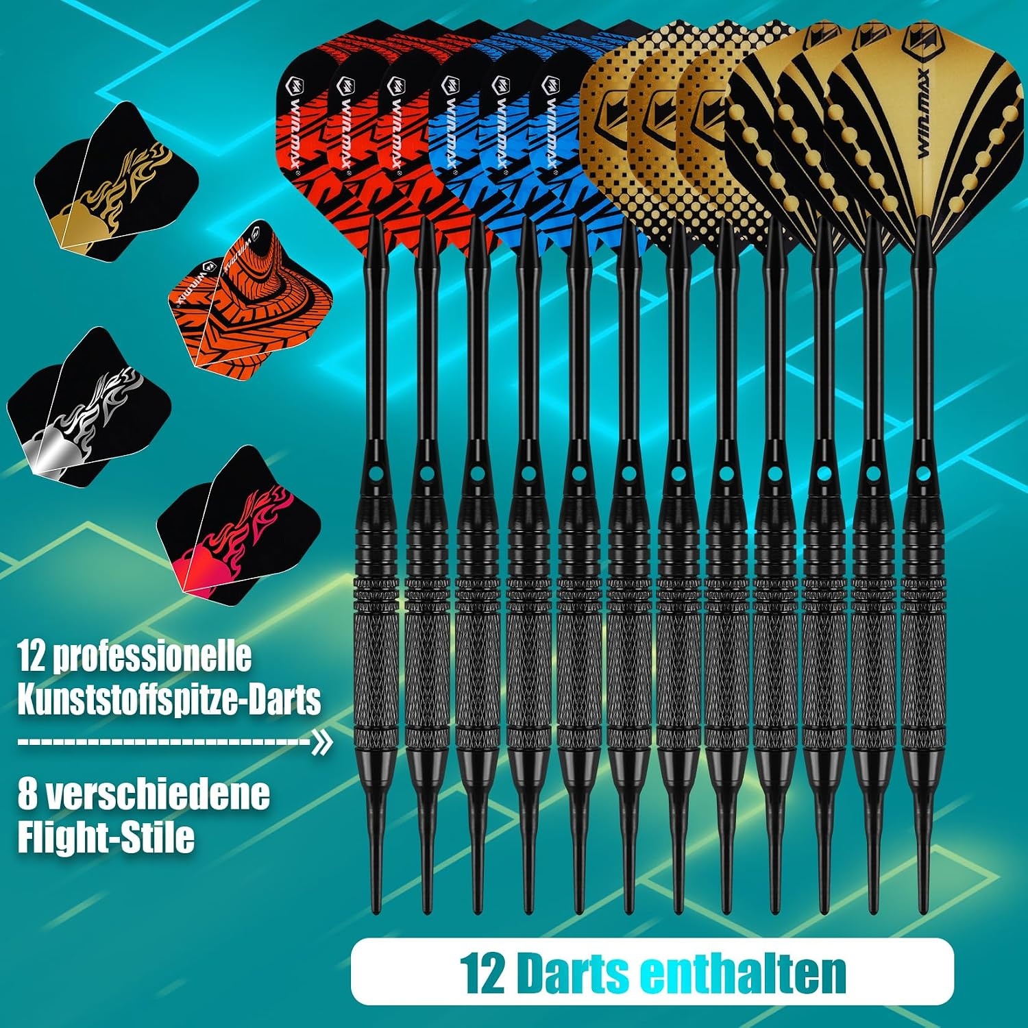 WIN.MAX Professioneel elektronisch dartdoel met laser Throw/Toe Line met Duitse stem, geschikt voor batterijen/adapter voor 1-8 spelers met 12 lichte pijlen