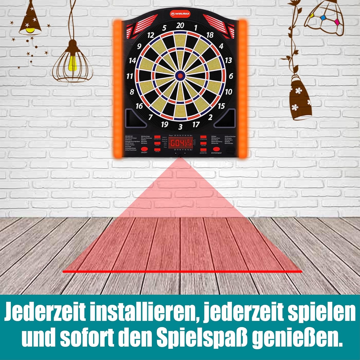 WIN.MAX Professioneel elektronisch dartdoel met laser Throw/Toe Line met Duitse stem, geschikt voor batterijen/adapter voor 1-8 spelers met 12 lichte pijlen