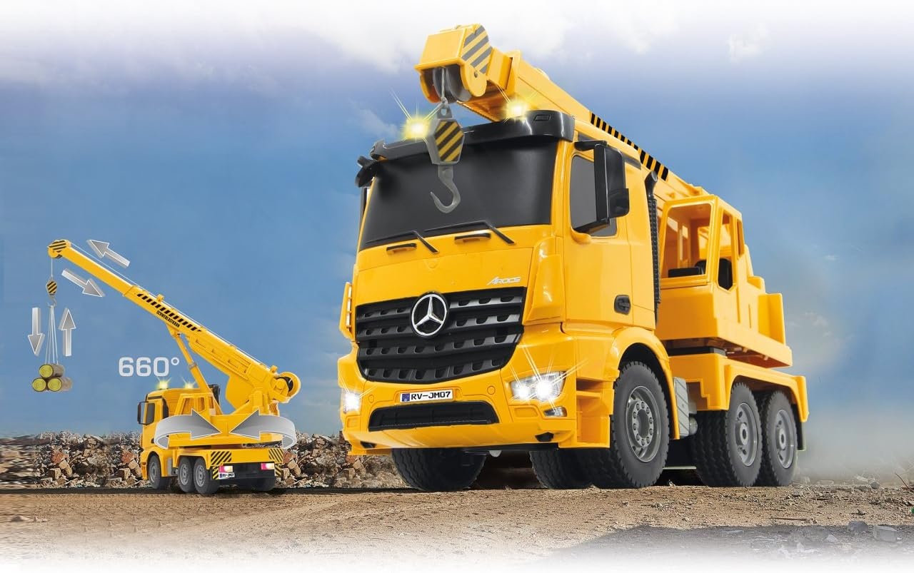 JAMARA 404950 - heavy duty crane Mercedes Arocs 1:20 2.4G - swivel and extendable crane, lift / lower rope, realistic engine sound, horn, reversing warning sound, 4