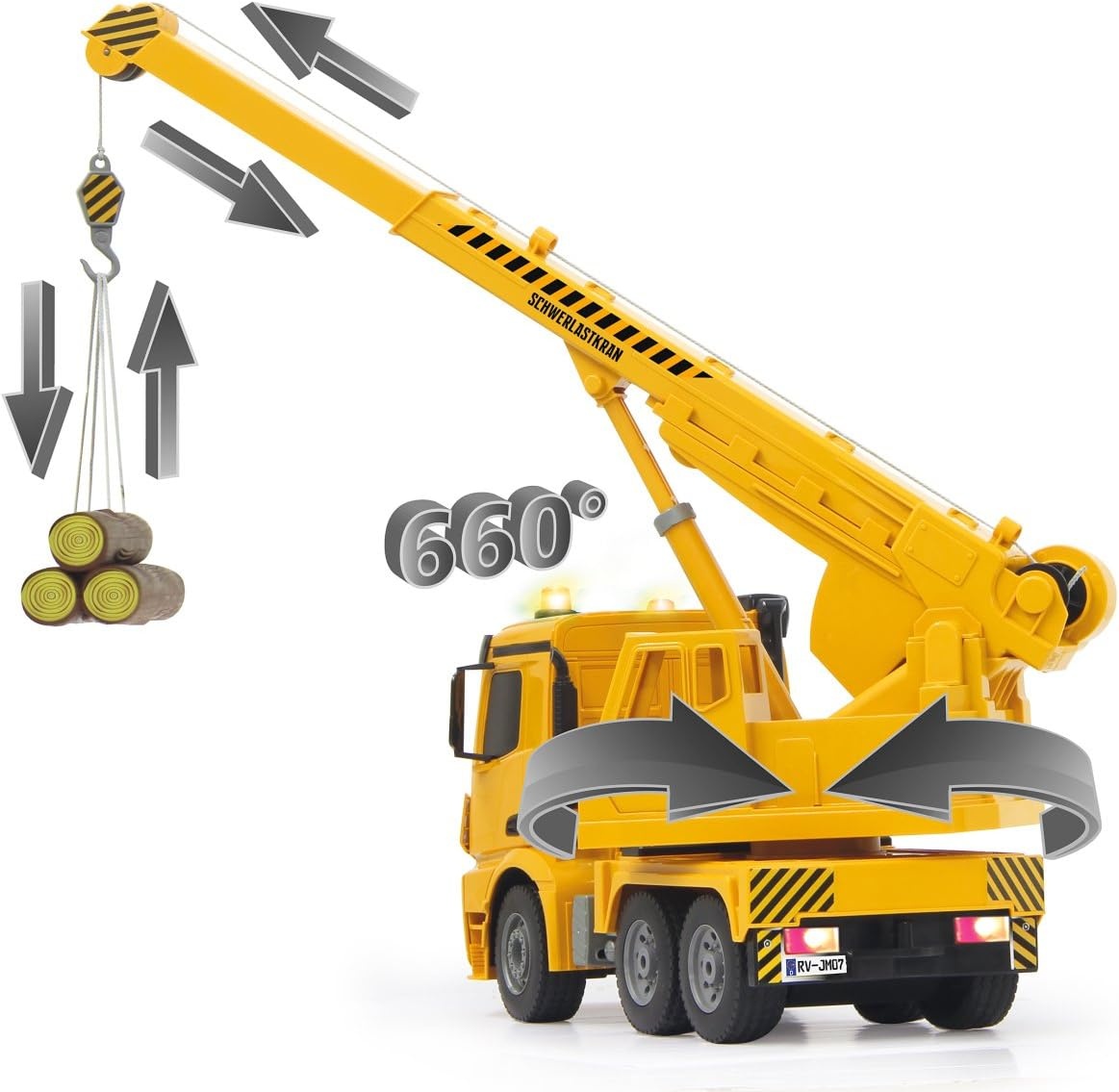 JAMARA 404950 - heavy duty crane Mercedes Arocs 1:20 2.4G - swivel and extendable crane, lift / lower rope, realistic engine sound, horn, reversing warning sound, 4