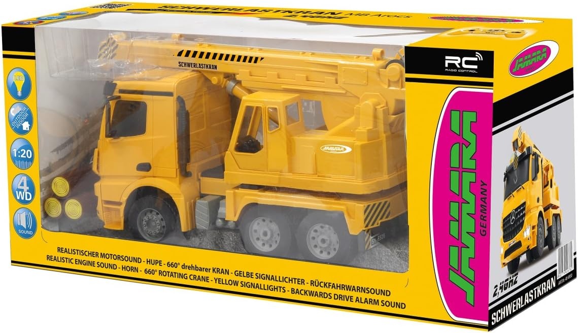 JAMARA 404950 - heavy duty crane Mercedes Arocs 1:20 2.4G - swivel and extendable crane, lift / lower rope, realistic engine sound, horn, reversing warning sound, 4
