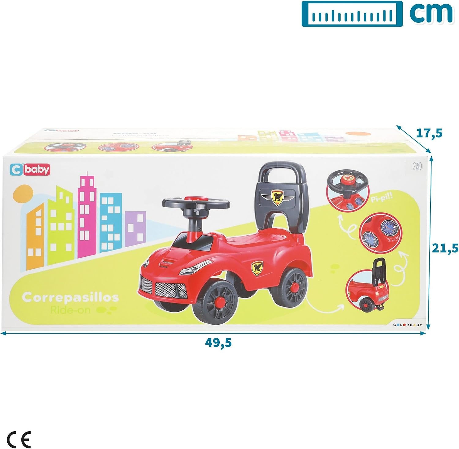 COLORBABY C'Baby loophulp voor baby's, 4 wielen, ergonomische zitting, draagvermogen 15 kg, stuur en claxon, babyspeelgoed, actieve spelletjes, outdoor-activiteiten, vanaf 18 maanden (39575)