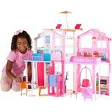 Barbie Herenhuis met 3 Verdiepingen, poppenhuis met lift, schommelstoel, meubels en accessoires, inklapbaar, dus gemakkelijk mee te nemen, DLY32 | Lift, schommelstoel, meubels en accessoires, vouwen voor draagbaarheid en reizen (exclusief Amazon)
