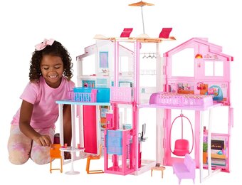 Barbie Herenhuis met 3 Verdiepingen, poppenhuis met lift, schommelstoel, meubels en accessoires, inklapbaar, dus gemakkelijk mee te nemen, DLY32 | Lift, schommelstoel, meubels en accessoires, vouwen voor draagbaarheid en reizen (exclusief Amazon)
