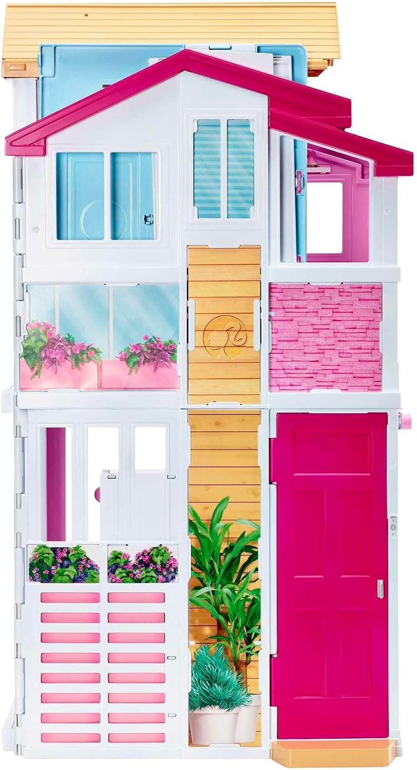 Barbie Herenhuis met 3 Verdiepingen, poppenhuis met lift, schommelstoel, meubels en accessoires, inklapbaar, dus gemakkelijk mee te nemen, DLY32 | Lift, schommelstoel, meubels en accessoires, vouwen voor draagbaarheid en reizen (exclusief Amazon)