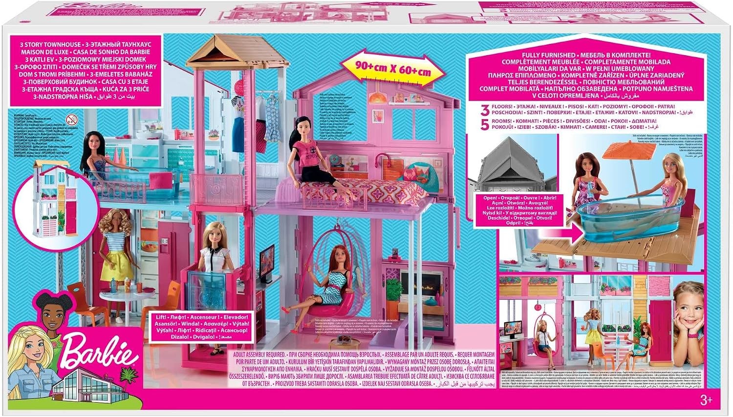 Barbie Herenhuis met 3 Verdiepingen, poppenhuis met lift, schommelstoel, meubels en accessoires, inklapbaar, dus gemakkelijk mee te nemen, DLY32 | Lift, schommelstoel, meubels en accessoires, vouwen voor draagbaarheid en reizen (exclusief Amazon)