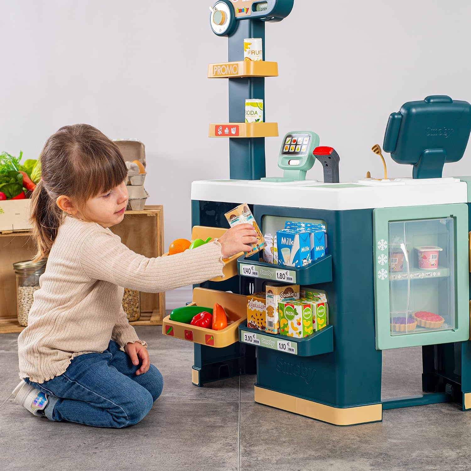 Smoby - Maxi Market - Supermarket for children - Shopping cart, shelves, boxes, vegetables, fruits - Cooling area - Numerous accessories - From 3 years old - Made in France