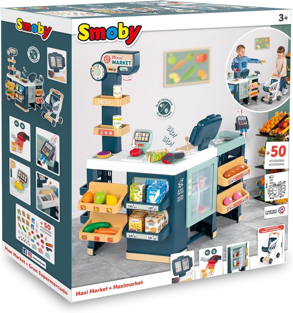 Smoby - Maxi Market - Supermarket for children - Shopping cart, shelves, boxes, vegetables, fruits - Cooling area - Numerous accessories - From 3 years old - Made in France