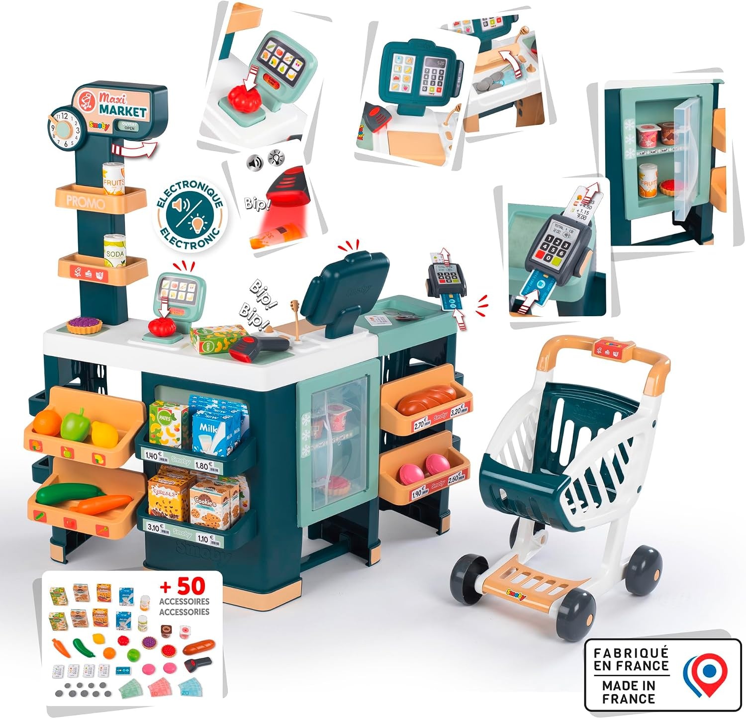 Smoby - Maxi Market - Supermarket for children - Shopping cart, shelves, boxes, vegetables, fruits - Cooling area - Numerous accessories - From 3 years old - Made in France