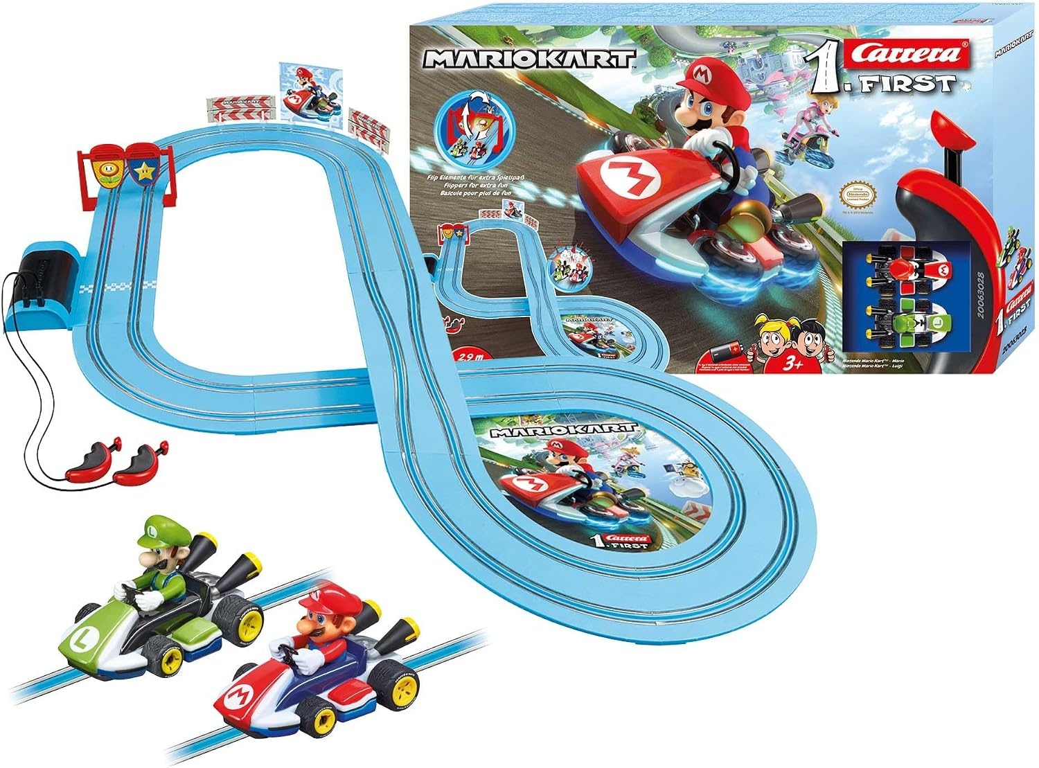 Carrera 20063028 First Nintendo Mario Kart racebaanset, 2,9 m elektrische racebaan met afstanddelen en handregelaar op schaal 1:50, voor maximaal 2 spelers, voor kinderen vanaf 3 jaar en volwassenen