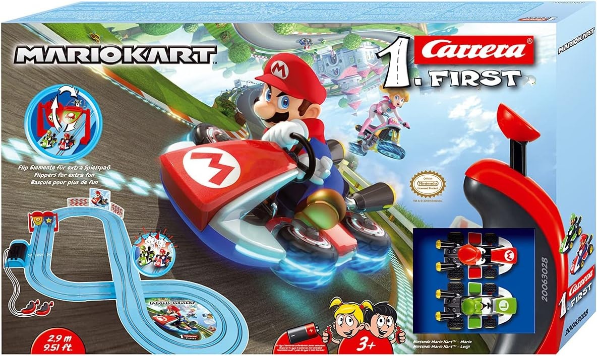 Carrera 20063028 First Nintendo Mario Kart racebaanset, 2,9 m elektrische racebaan met afstanddelen en handregelaar op schaal 1:50, voor maximaal 2 spelers, voor kinderen vanaf 3 jaar en volwassenen