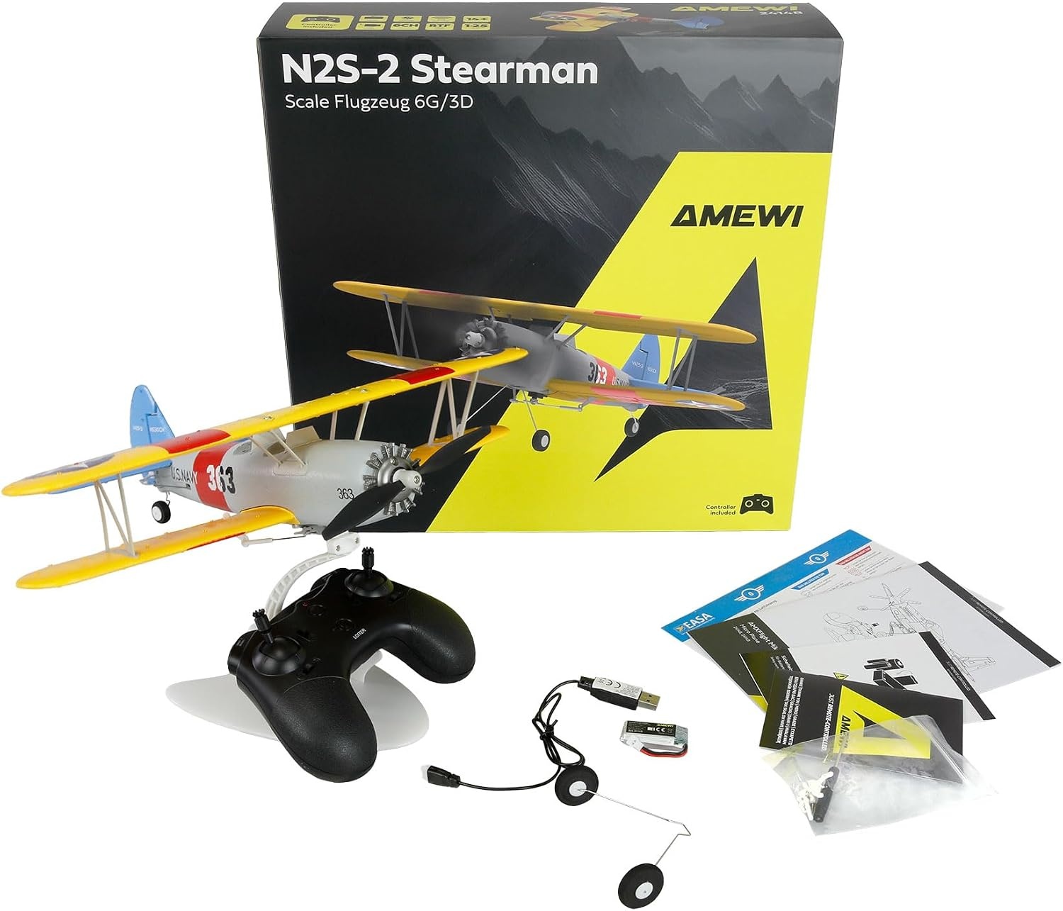 Amewi AMXFlight N2S-2 Stearman 360mm 6G/3D 6-kanaals RTF op afstand bestuurbaar vliegtuig RC