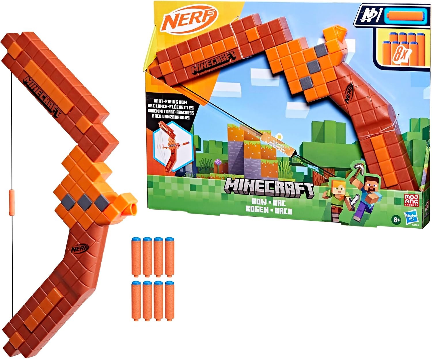 Nerf Minecraft Bow-dartblaster, doorladen met terugtrekpees, 8 Nerf N1-darts, alleen te gebruiken met Nerf N1-dartblasters, leeftijd 8+