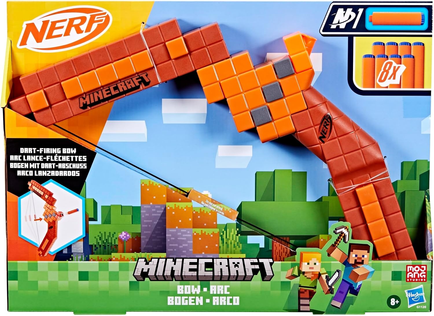 Nerf Minecraft Bow-dartblaster, doorladen met terugtrekpees, 8 Nerf N1-darts, alleen te gebruiken met Nerf N1-dartblasters, leeftijd 8+