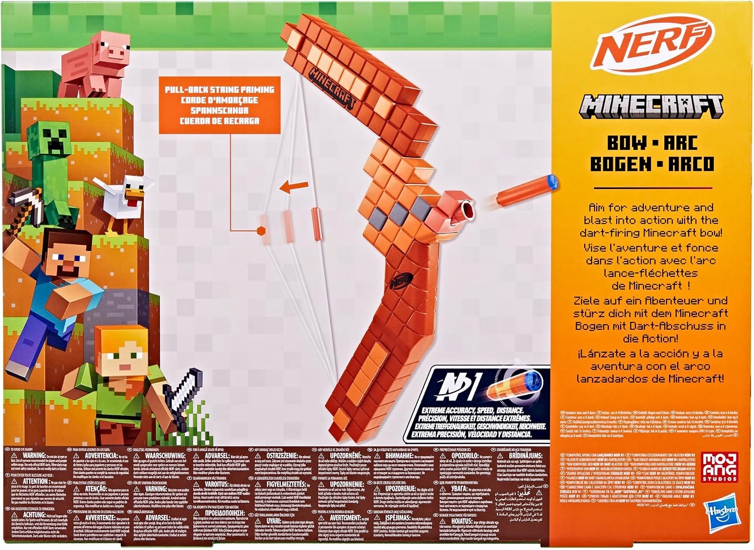 Nerf Minecraft Bow-dartblaster, doorladen met terugtrekpees, 8 Nerf N1-darts, alleen te gebruiken met Nerf N1-dartblasters, leeftijd 8+