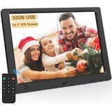 Digitale fotolijst 10,1 inch IPS-scherm met 32GB USB-stick, bewegingssensor, wandmonteerbaar, zonder WiFi, kalender, timer, foto/video/muziekspeler