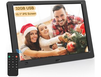 Digitale fotolijst 10,1 inch IPS-scherm met 32GB USB-stick, bewegingssensor, wandmonteerbaar, zonder WiFi, kalender, timer, foto/video/muziekspeler