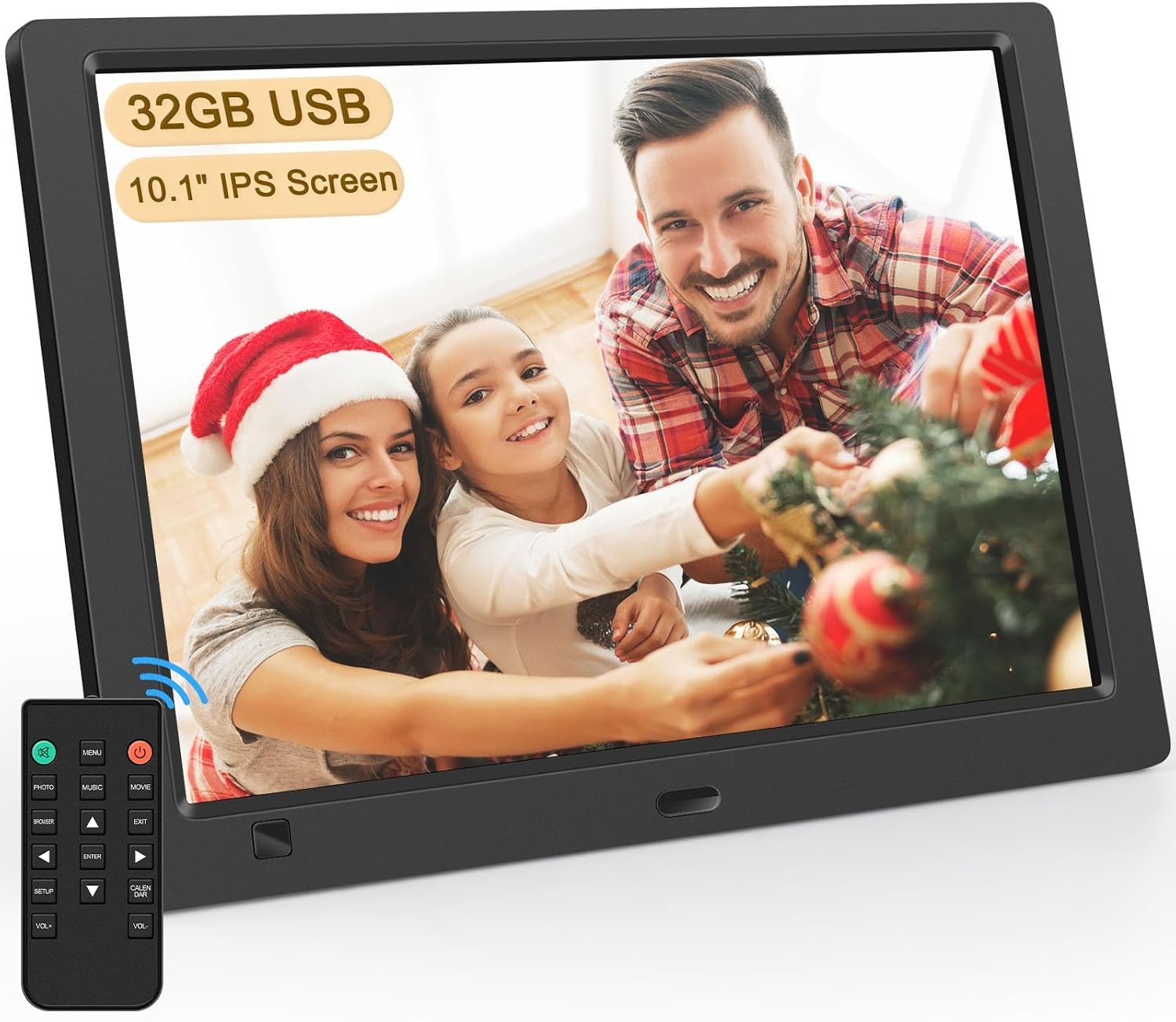 Digitale fotolijst 10,1 inch IPS-scherm met 32GB USB-stick, bewegingssensor, wandmonteerbaar, zonder WiFi, kalender, timer, foto/video/muziekspeler