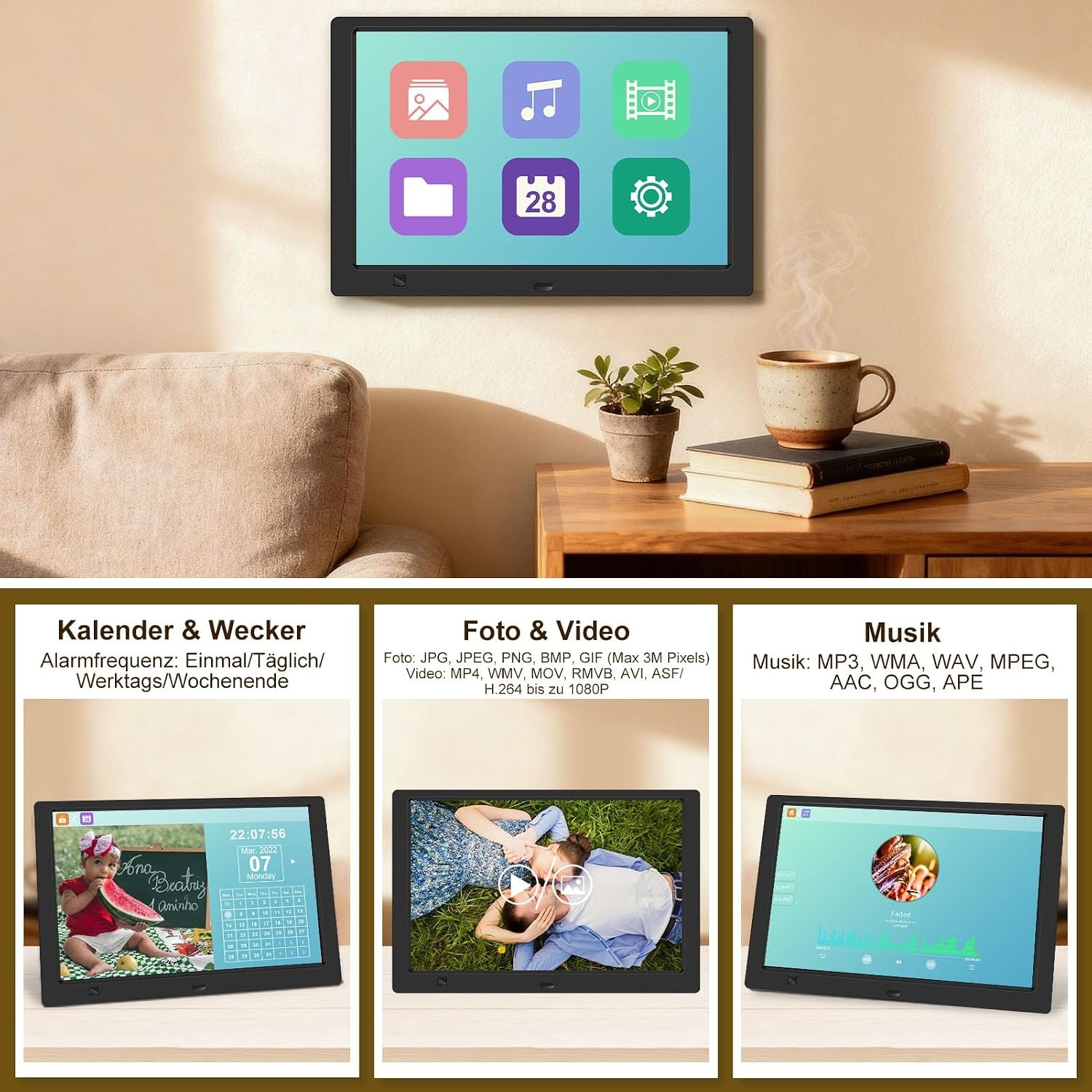 Digitale fotolijst 10,1 inch IPS-scherm met 32GB USB-stick, bewegingssensor, wandmonteerbaar, zonder WiFi, kalender, timer, foto/video/muziekspeler