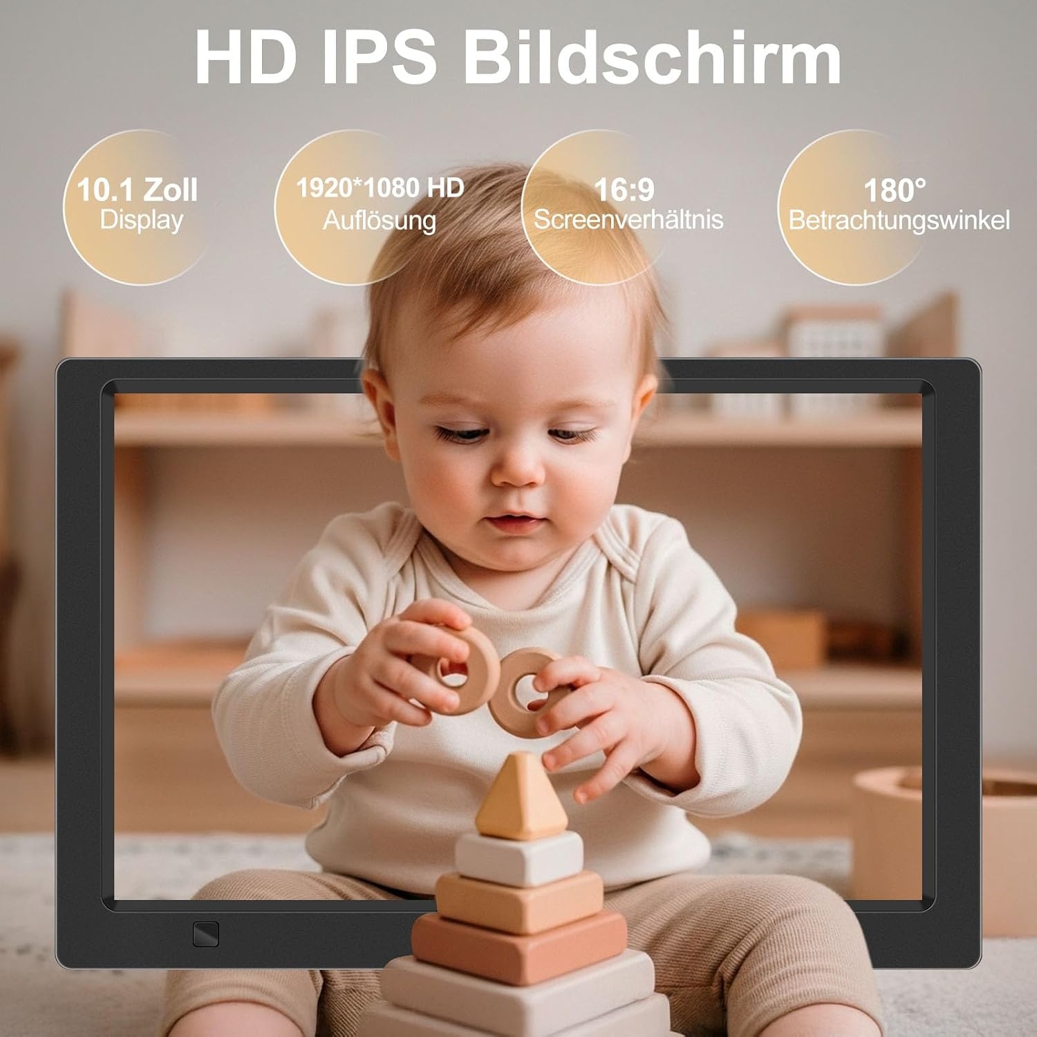 Digitale fotolijst 10,1 inch IPS-scherm met 32GB USB-stick, bewegingssensor, wandmonteerbaar, zonder WiFi, kalender, timer, foto/video/muziekspeler