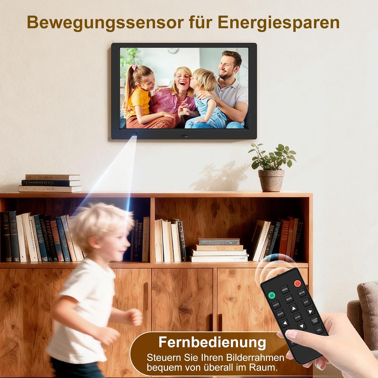 Digitale fotolijst 10,1 inch IPS-scherm met 32GB USB-stick, bewegingssensor, wandmonteerbaar, zonder WiFi, kalender, timer, foto/video/muziekspeler