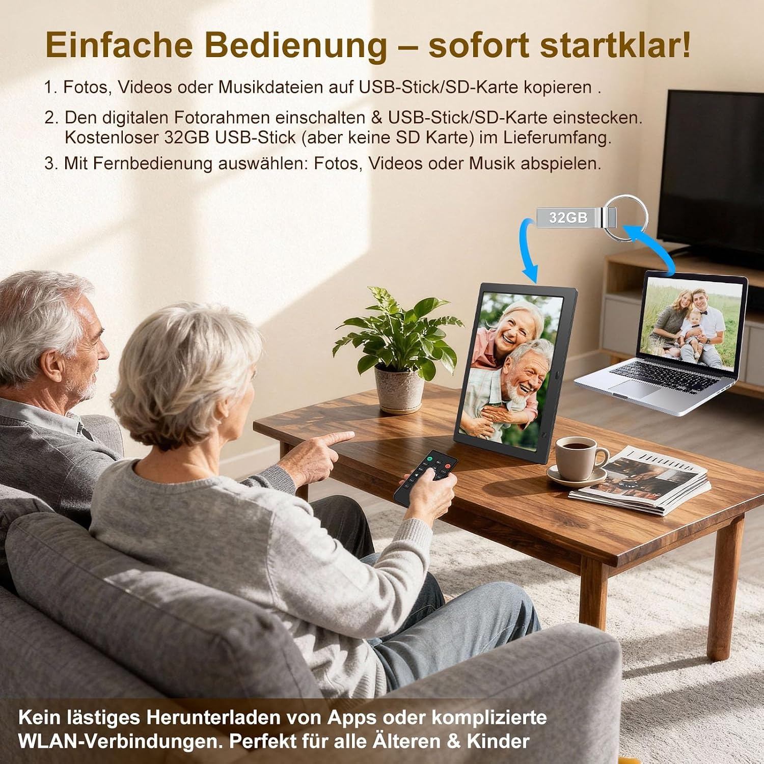 Digitale fotolijst 10,1 inch IPS-scherm met 32GB USB-stick, bewegingssensor, wandmonteerbaar, zonder WiFi, kalender, timer, foto/video/muziekspeler