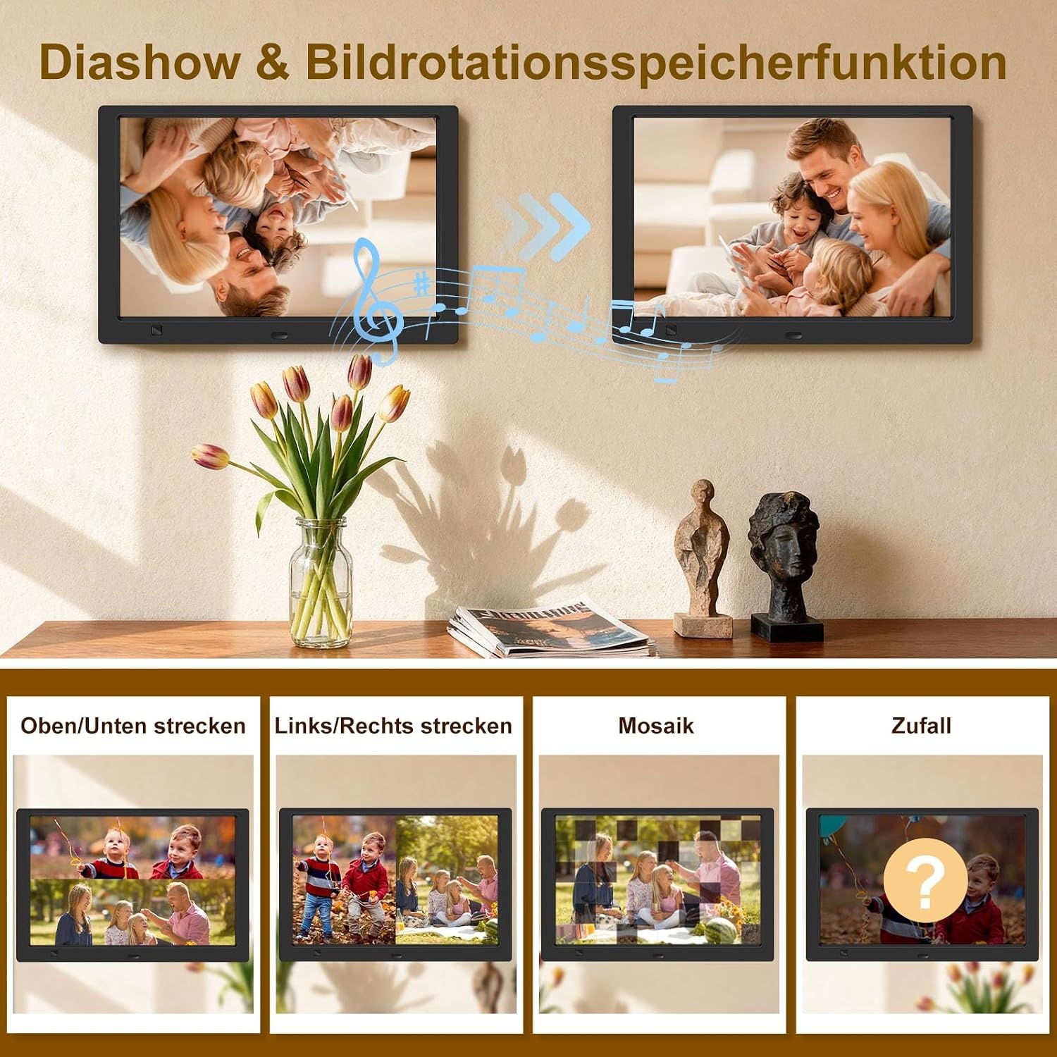 Digitale fotolijst 10,1 inch IPS-scherm met 32GB USB-stick, bewegingssensor, wandmonteerbaar, zonder WiFi, kalender, timer, foto/video/muziekspeler