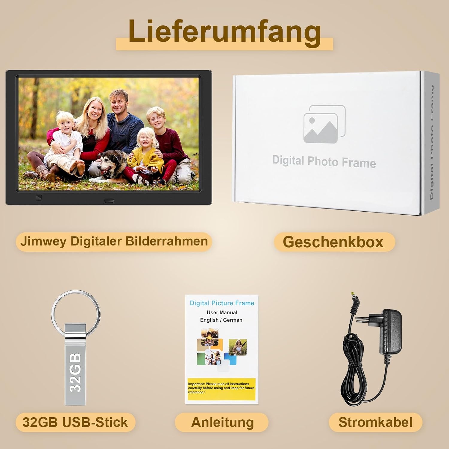 Digitale fotolijst 10,1 inch IPS-scherm met 32GB USB-stick, bewegingssensor, wandmonteerbaar, zonder WiFi, kalender, timer, foto/video/muziekspeler