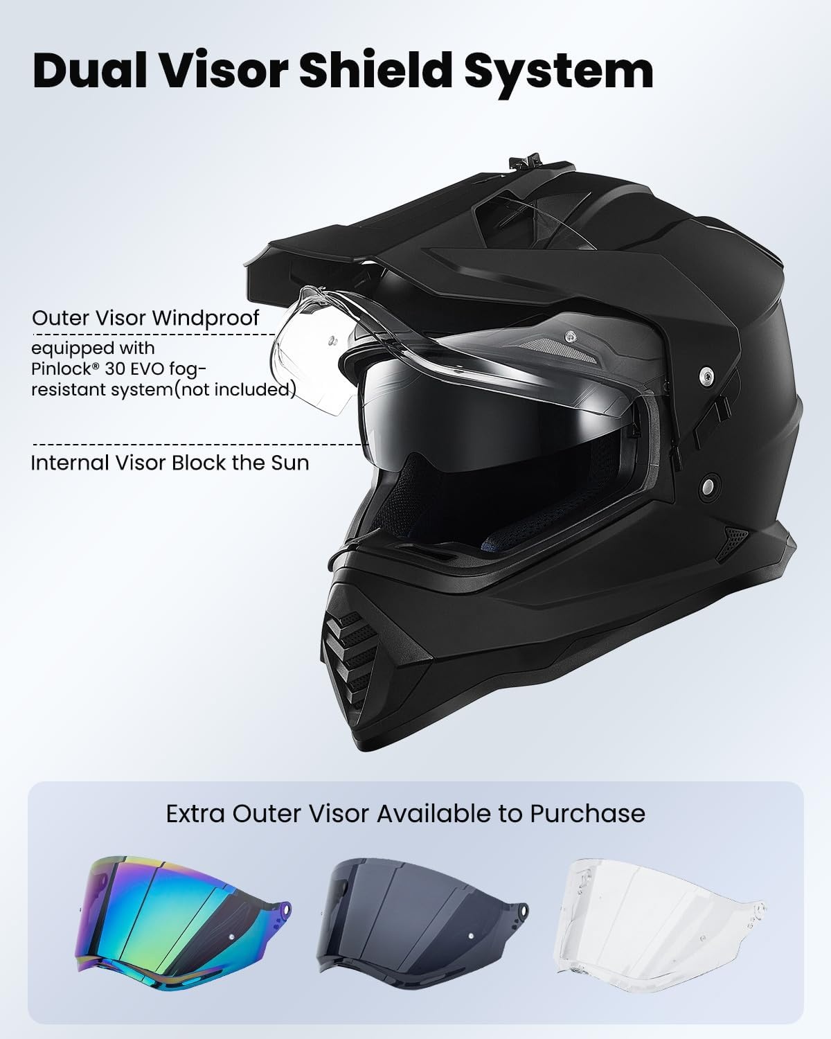 Motorhelm Dual Sport Adventure Matzwart Maat M | DOT FMVSS-218 | Dubbel vizier Pinlock 30 compatibel zonnevizier