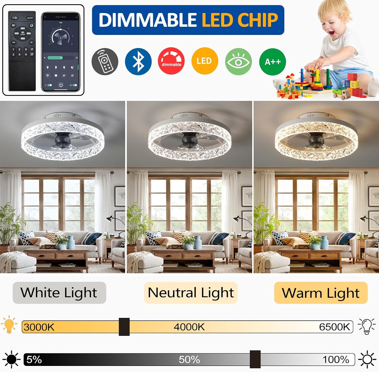 Moderne Plafondventilator met LED Lamp - Dimbaar, 6 Snelheden - 40cm Wit (-34%)