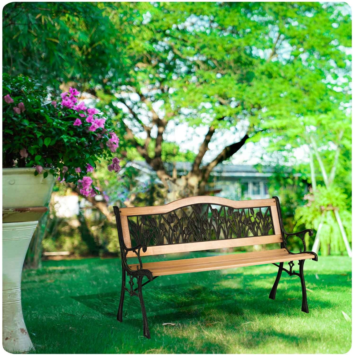 Houten Tuinbank met Tulpenpatroon - 123,5 cm - 54% Korting