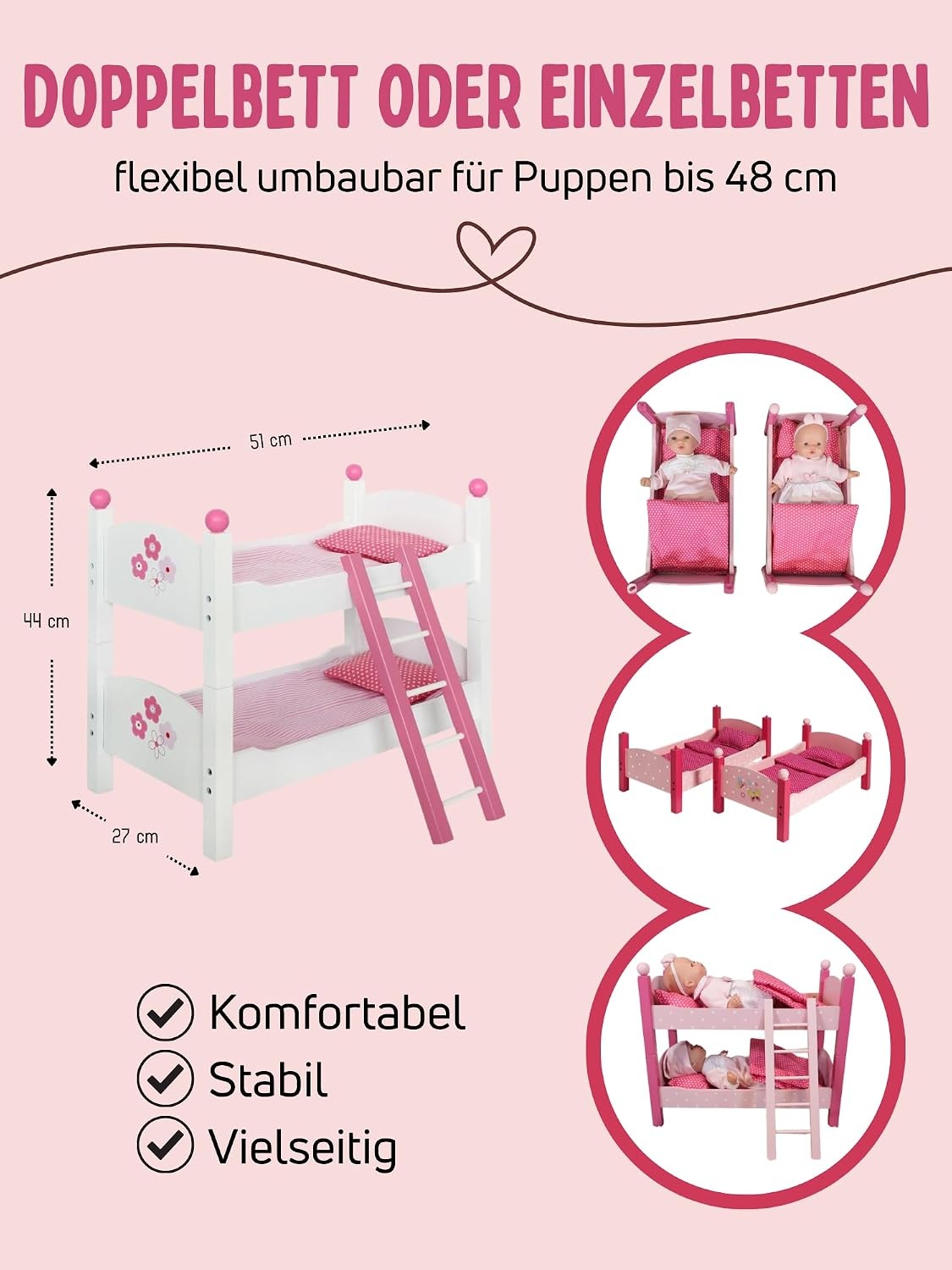 Bayer Chic 2000 Poppenbed Fiori - Wit/Roze - 34% Korting