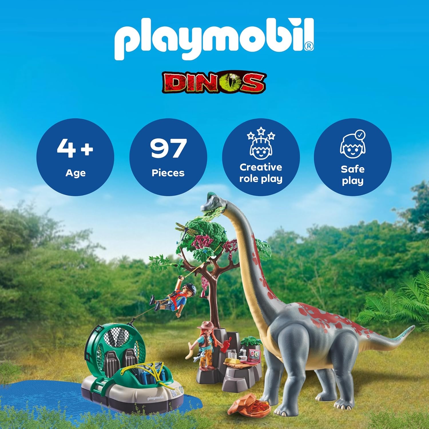 PLAYMOBIL Dino Speelset Brachiosaurus met Luchtkussenvoertuig - 34% Korting